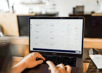 Person analyzing business analytics dashboard on a laptop screen.