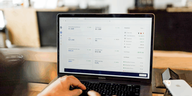 Person analyzing business analytics dashboard on a laptop screen.