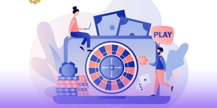 Illustration of a man and woman playing at an online casino