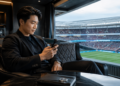 Man uses a smartphone in a private stadium suite overlooking the field