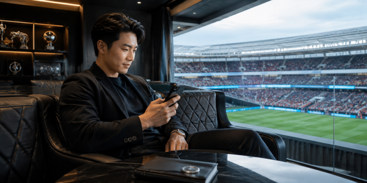 Man uses a smartphone in a private stadium suite overlooking the field